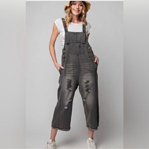 Easel Los Angeles Boho Loose Fit Overalls Grey/Black Denim Distressed Large